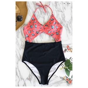 Cupshe One Piece Floral & Black Halter Swimsuit